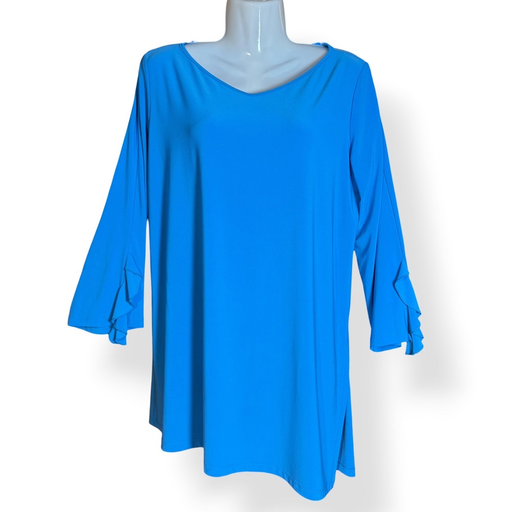 Clara Sun Woo Womens Blue Ruffle Sleeve V-Neck Tunic Top Large Stretch Knit USA